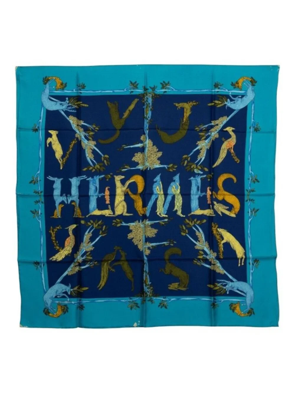 Hermes Carre 90 Animal Alphabet Forest Animals Scarf Blue Silk